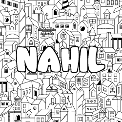 Coloriage pr&eacute;nom NAHIL - d&eacute;cor Ville