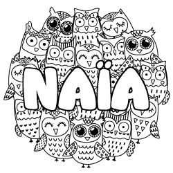 Coloriage pr&eacute;nom NA&Iuml;A - d&eacute;cor Chouettes