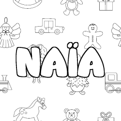 Coloriage pr&eacute;nom NA&Iuml;A - d&eacute;cor Jouets