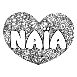 Coloriage pr&eacute;nom NA&Iuml;A - d&eacute;cor Mandala coeur