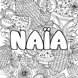Coloriage pr&eacute;nom NA&Iuml;A - d&eacute;cor Mandala fruits