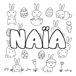 Coloriage pr&eacute;nom NA&Iuml;A - d&eacute;cor Paques
