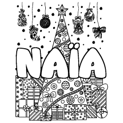 Coloriage pr&eacute;nom NA&Iuml;A - d&eacute;cor Sapin et Cadeaux