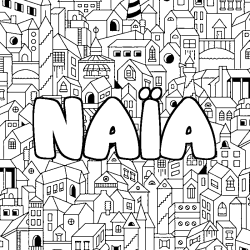 Coloriage pr&eacute;nom NA&Iuml;A - d&eacute;cor Ville