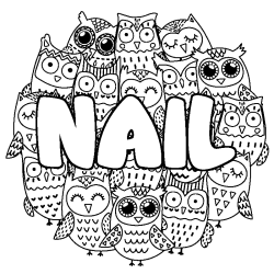 Coloriage pr&eacute;nom NAIL - d&eacute;cor Chouettes