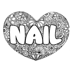 Coloriage prénom NAIL - décor Mandala coeur