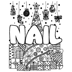 Coloriage prénom NAIL - décor Sapin et Cadeaux