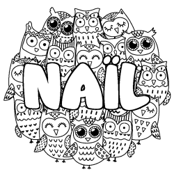 Coloriage pr&eacute;nom NA&Iuml;L - d&eacute;cor Chouettes