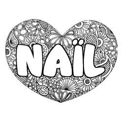 Coloriage pr&eacute;nom NA&Iuml;L - d&eacute;cor Mandala coeur