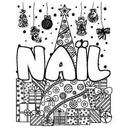 Coloriage pr&eacute;nom NA&Iuml;L - d&eacute;cor Sapin et Cadeaux