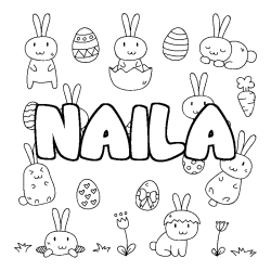 Coloriage prénom NAILA - décor Paques