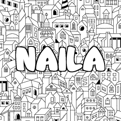 Coloriage pr&eacute;nom NAILA - d&eacute;cor Ville