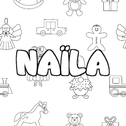 Coloriage pr&eacute;nom NA&Iuml;LA - d&eacute;cor Jouets