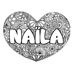 Coloriage pr&eacute;nom NA&Iuml;LA - d&eacute;cor Mandala coeur