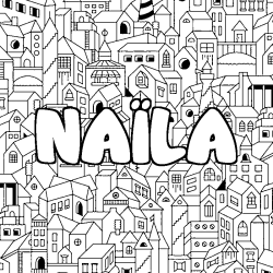 Coloriage pr&eacute;nom NA&Iuml;LA - d&eacute;cor Ville