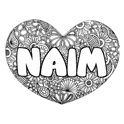 Coloriage prénom NAIM - décor Mandala coeur
