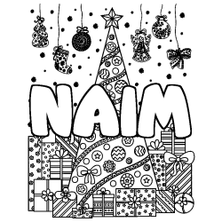 Coloriage prénom NAIM - décor Sapin et Cadeaux