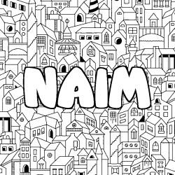 Coloriage pr&eacute;nom NAIM - d&eacute;cor Ville