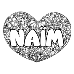 Coloriage pr&eacute;nom NA&Iuml;M - d&eacute;cor Mandala coeur