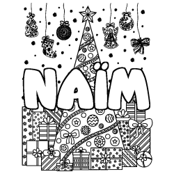 Coloriage pr&eacute;nom NA&Iuml;M - d&eacute;cor Sapin et Cadeaux