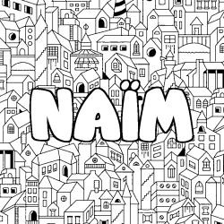 Coloriage pr&eacute;nom NA&Iuml;M - d&eacute;cor Ville