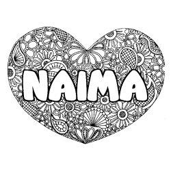 Coloriage prénom NAIMA - décor Mandala coeur