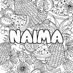 Coloriage pr&eacute;nom NAIMA - d&eacute;cor Mandala fruits