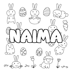 Coloriage prénom NAIMA - décor Paques