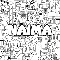 Coloriage pr&eacute;nom NAIMA - d&eacute;cor Ville