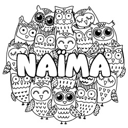Coloriage pr&eacute;nom NA&Iuml;MA - d&eacute;cor Chouettes