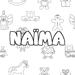 Coloriage pr&eacute;nom NA&Iuml;MA - d&eacute;cor Jouets
