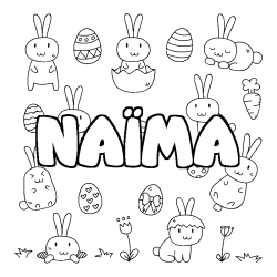 Coloriage pr&eacute;nom NA&Iuml;MA - d&eacute;cor Paques