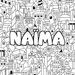 Coloriage pr&eacute;nom NA&Iuml;MA - d&eacute;cor Ville
