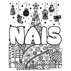 Coloriage prénom NAIS - décor Sapin et Cadeaux