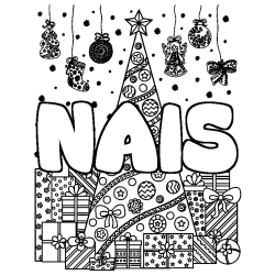 Coloriage pr&eacute;nom NAIS - d&eacute;cor Sapin et Cadeaux