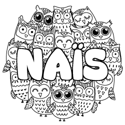 Coloriage pr&eacute;nom NA&Iuml;S - d&eacute;cor Chouettes