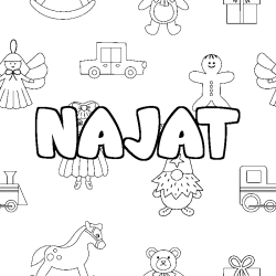 Coloriage prénom NAJAT - décor Jouets