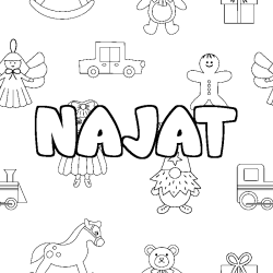 Coloriage pr&eacute;nom NAJAT - d&eacute;cor Jouets