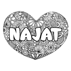 Coloriage prénom NAJAT - décor Mandala coeur