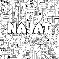 Coloriage prénom NAJAT - décor Ville