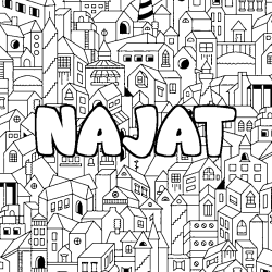 Coloriage pr&eacute;nom NAJAT - d&eacute;cor Ville