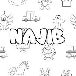 Coloriage prénom NAJIB - décor Jouets