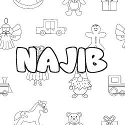 Coloriage pr&eacute;nom NAJIB - d&eacute;cor Jouets
