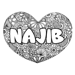 Coloriage pr&eacute;nom NAJIB - d&eacute;cor Mandala coeur