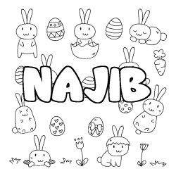 Coloriage prénom NAJIB - décor Paques