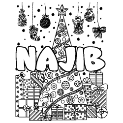 Coloriage prénom NAJIB - décor Sapin et Cadeaux
