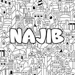 Coloriage pr&eacute;nom NAJIB - d&eacute;cor Ville