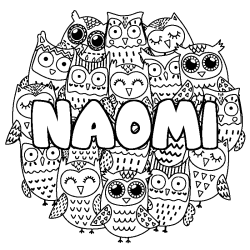 Coloriage prénom NAOMI - décor Chouettes