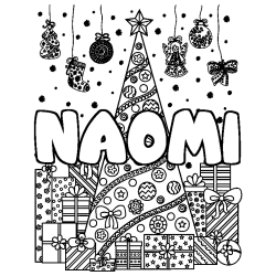 Coloriage prénom NAOMI - décor Sapin et Cadeaux