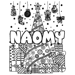 Coloriage prénom NAOMY - décor Sapin et Cadeaux